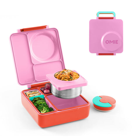 OmieBox lonchera bento rosa frambuesa, ideal para comidas escolares.