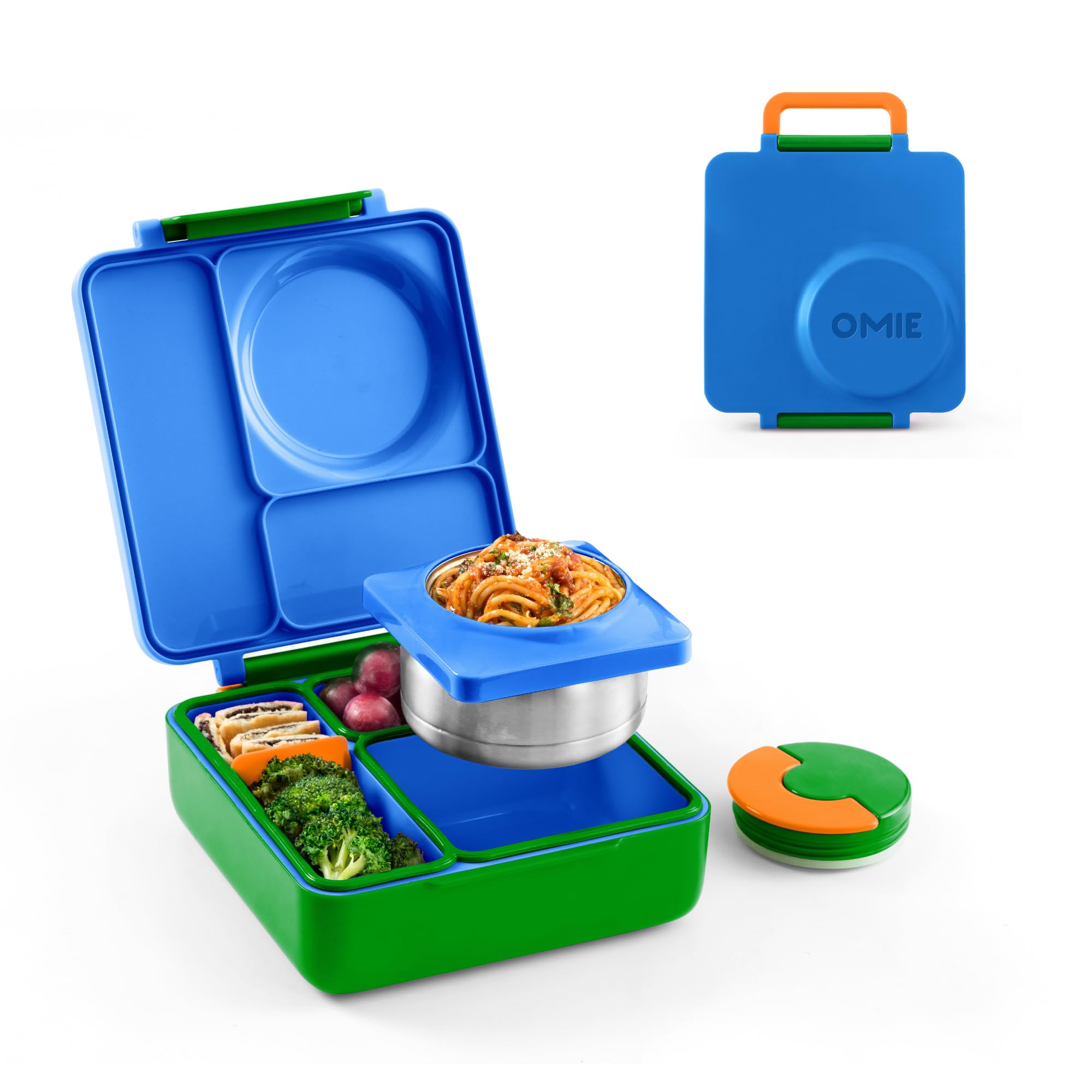 OmieBox Monstruo Azul frontal: diseño compacto para almuerzos variados.
