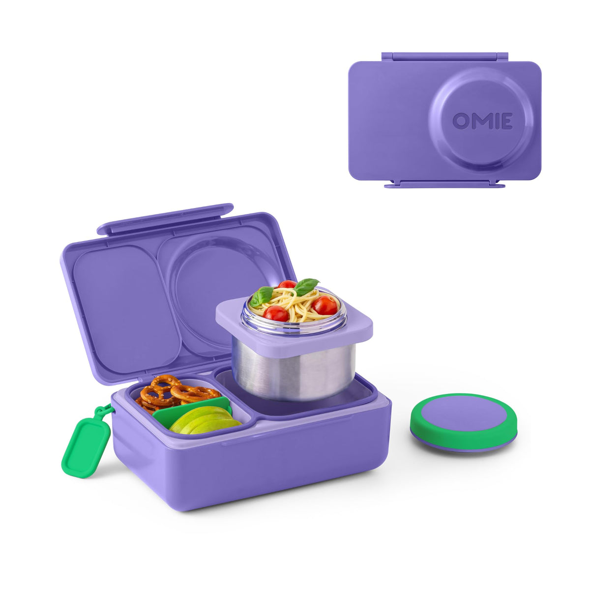 OmieBox Up bento compacto visto de frente, ideal para almuerzos escolares.