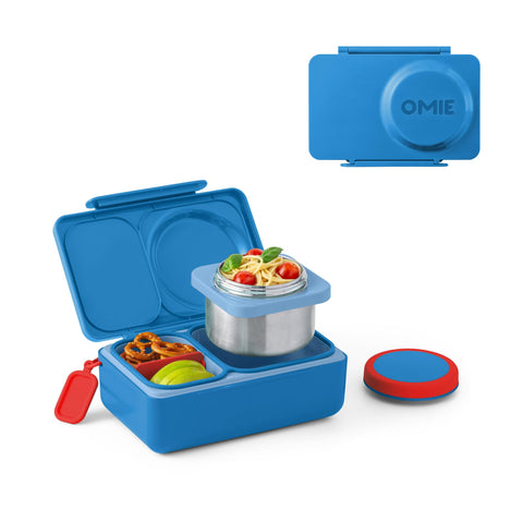 OmieBox Up exterior en azul cósmico, ideal para llevar almuerzos con estilo.