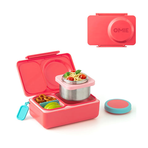 OmieBox UP frente rosa cereza, fácil de identificar para la hora de comer.