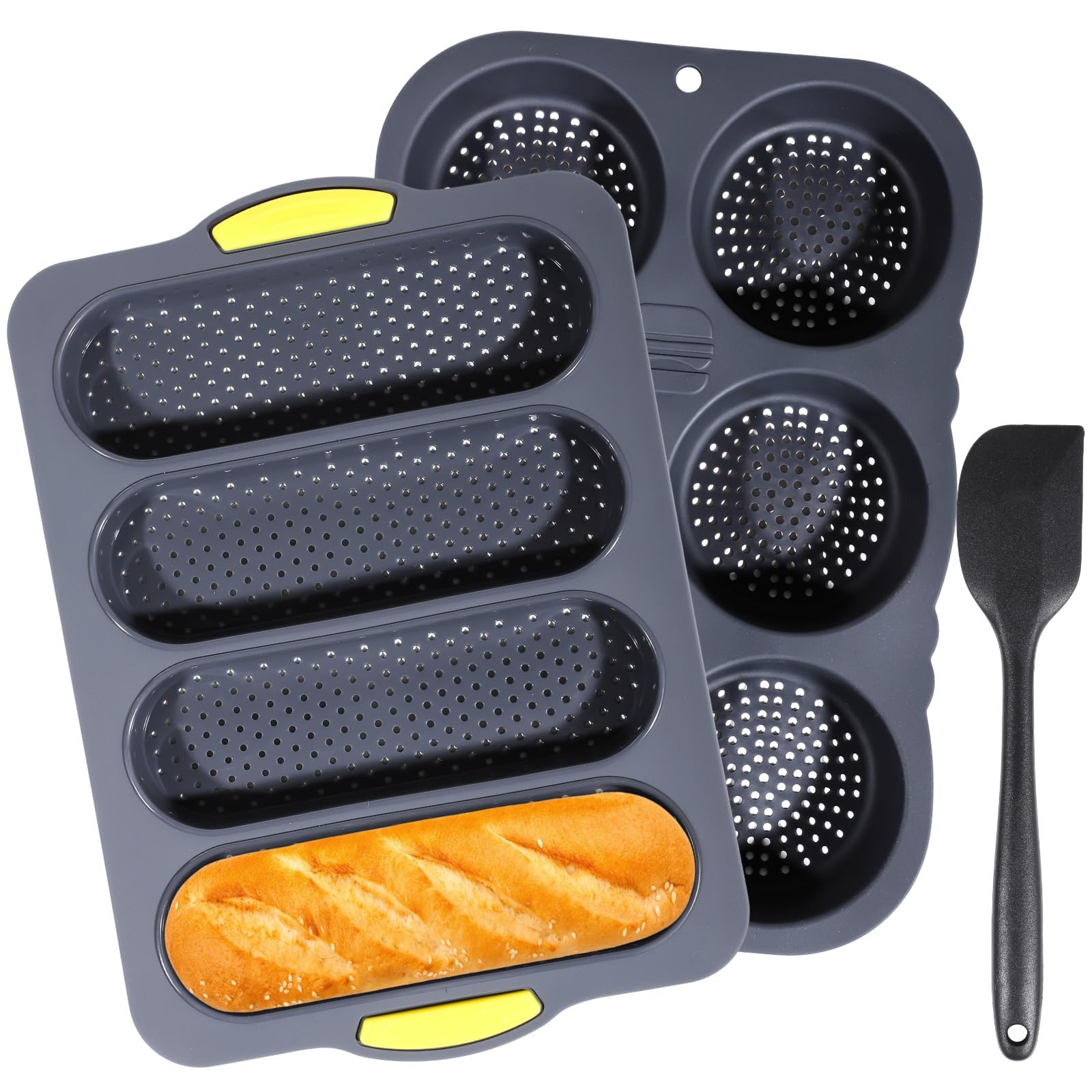OMISTAR: juego silicona pan baguette y molde hamburguesa, 3 piezas para hornear en casa fácilmente.