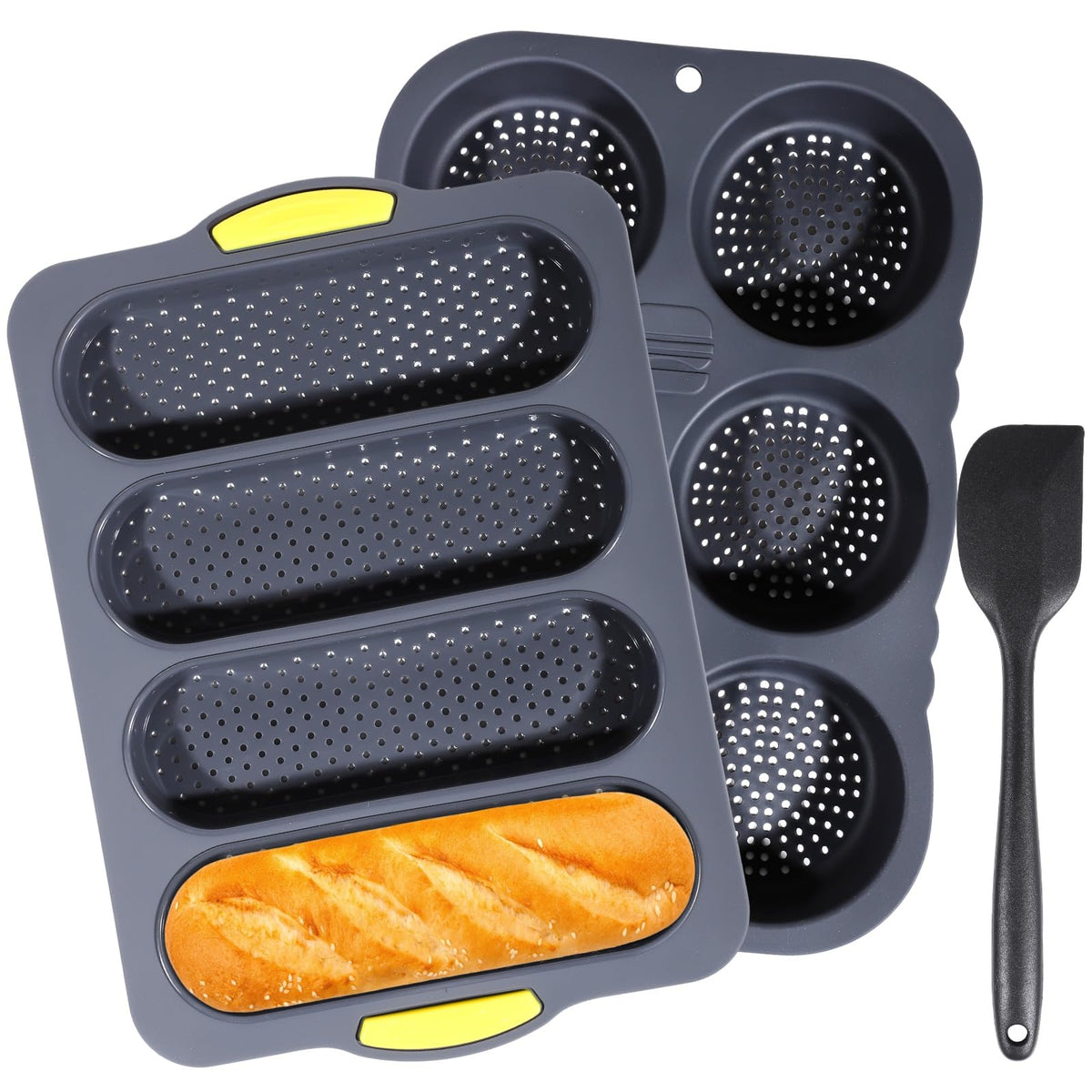OMISTAR: juego silicona pan baguette y molde hamburguesa, 3 piezas para hornear en casa fácilmente.