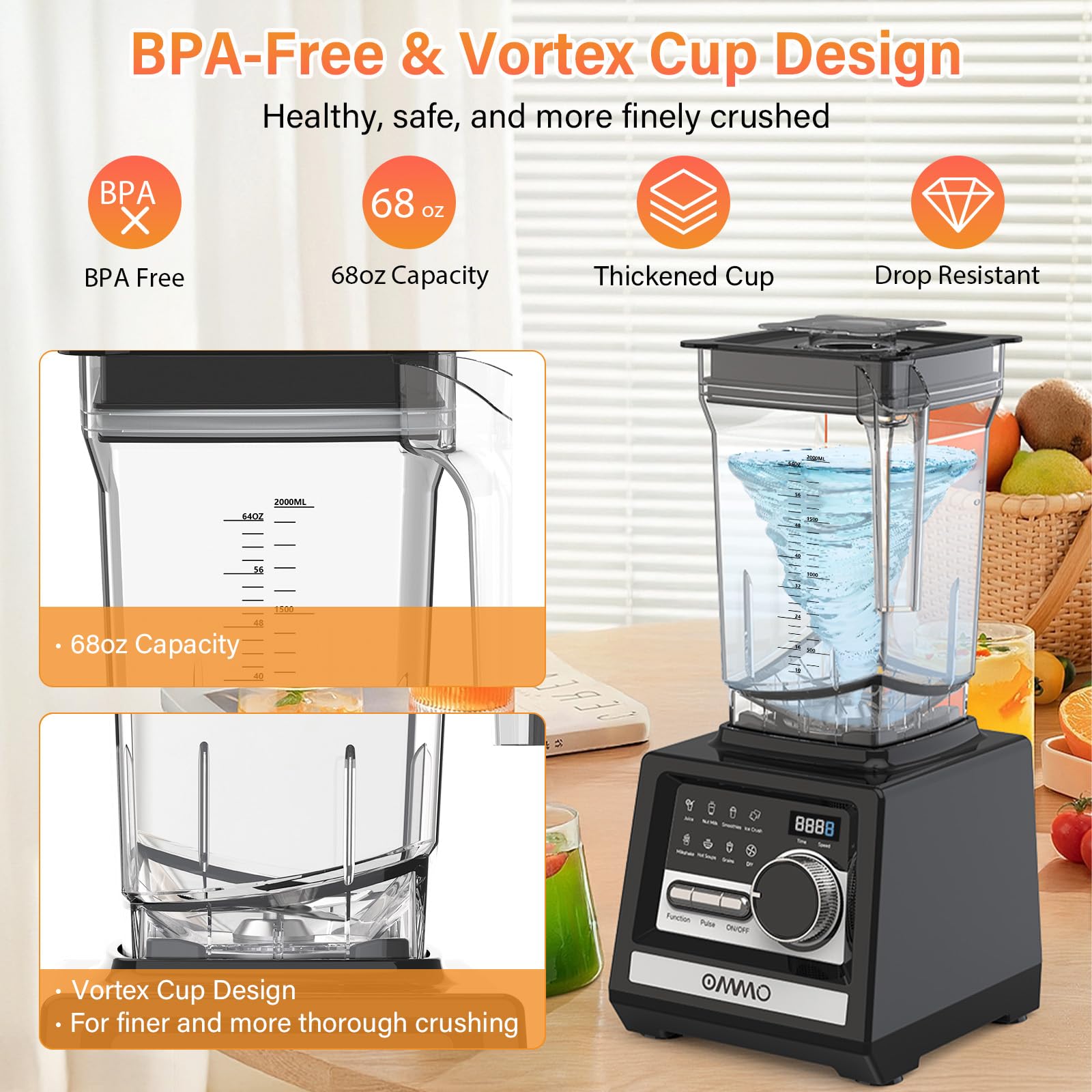 Licuadora OMMO Peak1800W tapa ergonómica para manejo seguro