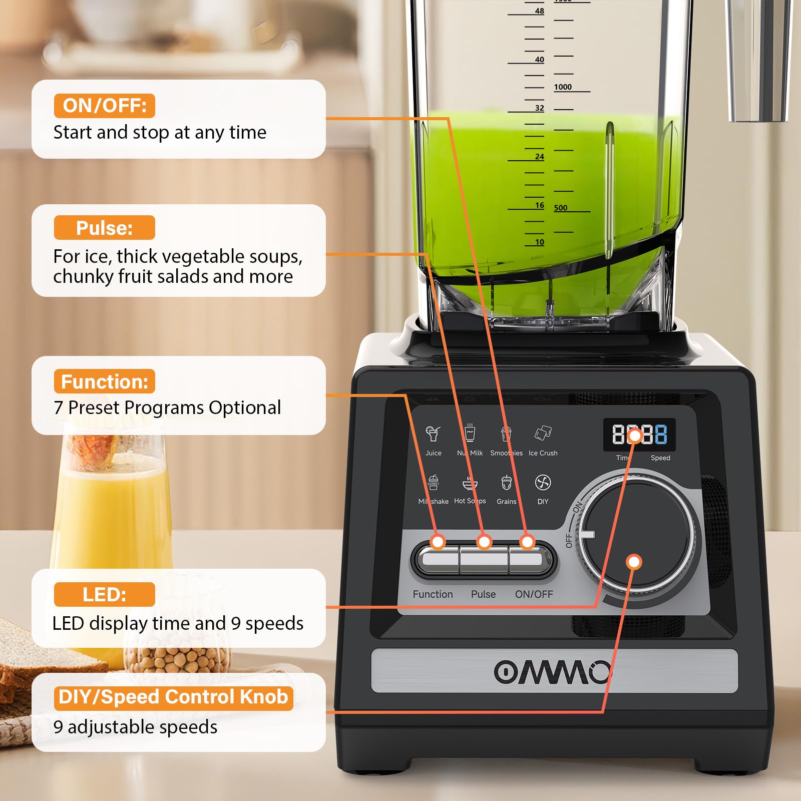Licuadora OMMO Peak1800W con vaso de 68 onzas sin BPA