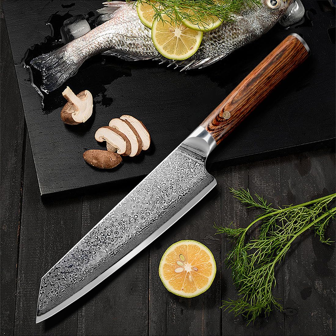 Cuchillo Ompusos con mango de madera ergonómico para agarre cómodo.
