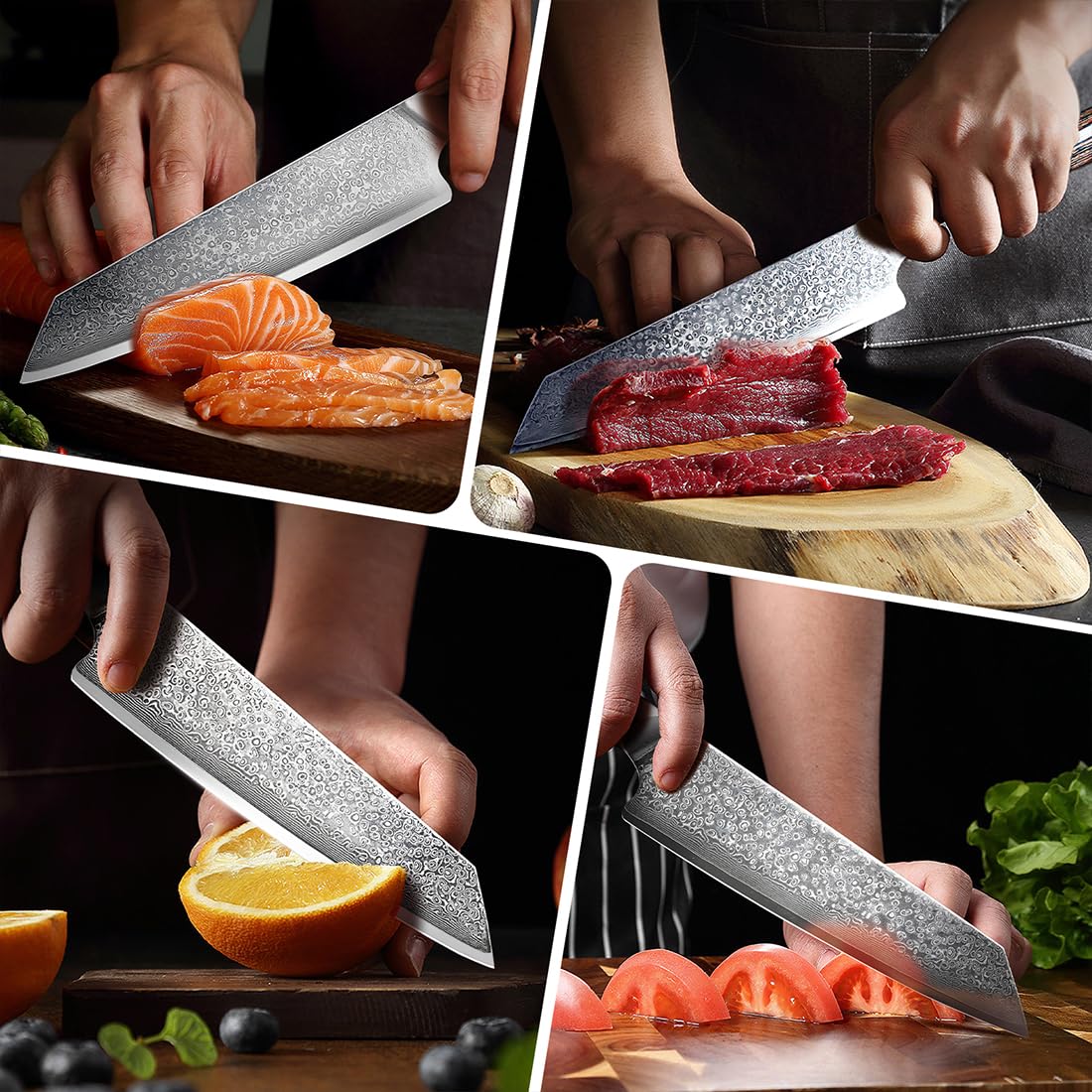Cuchillo Ompusos damasco de 8 pulgadas con patrón distintivo.