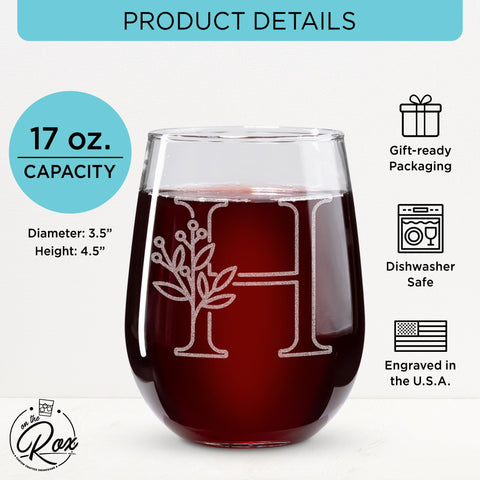 On The Rox: grabado de iniciales A-Z en vaso de vino para ocasiones especiales.