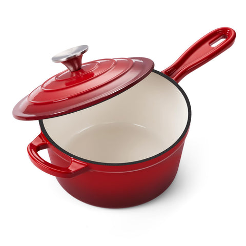 Onader sartén 2qt con tapa esmaltada roja, distribución de calor uniforme para guisos.