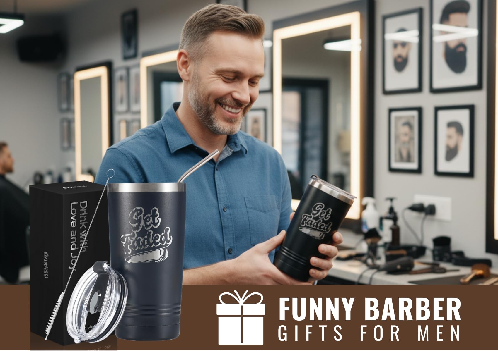 Onebttl barbero tumbler tapa pajita: fácil de llevar y beber sin derrames.