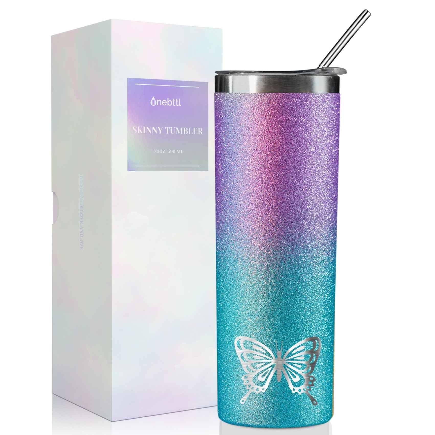 Onebttl Butterfly tumbler 590ml con silueta mariposa, ideal para bebidas refrescantes.