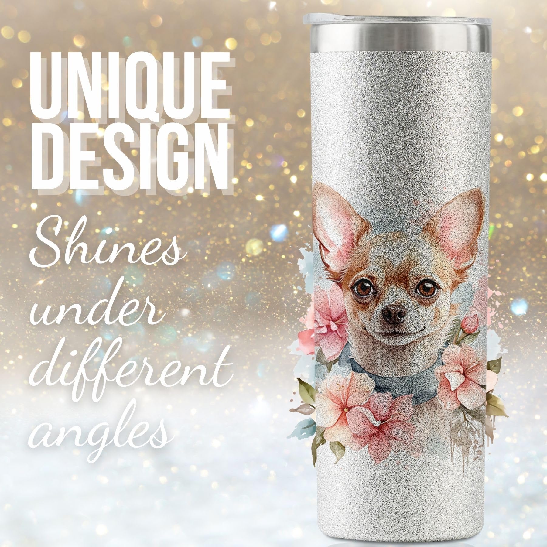 Onebttl chihuahua brillo plateado que destaca en cualquier mesa.