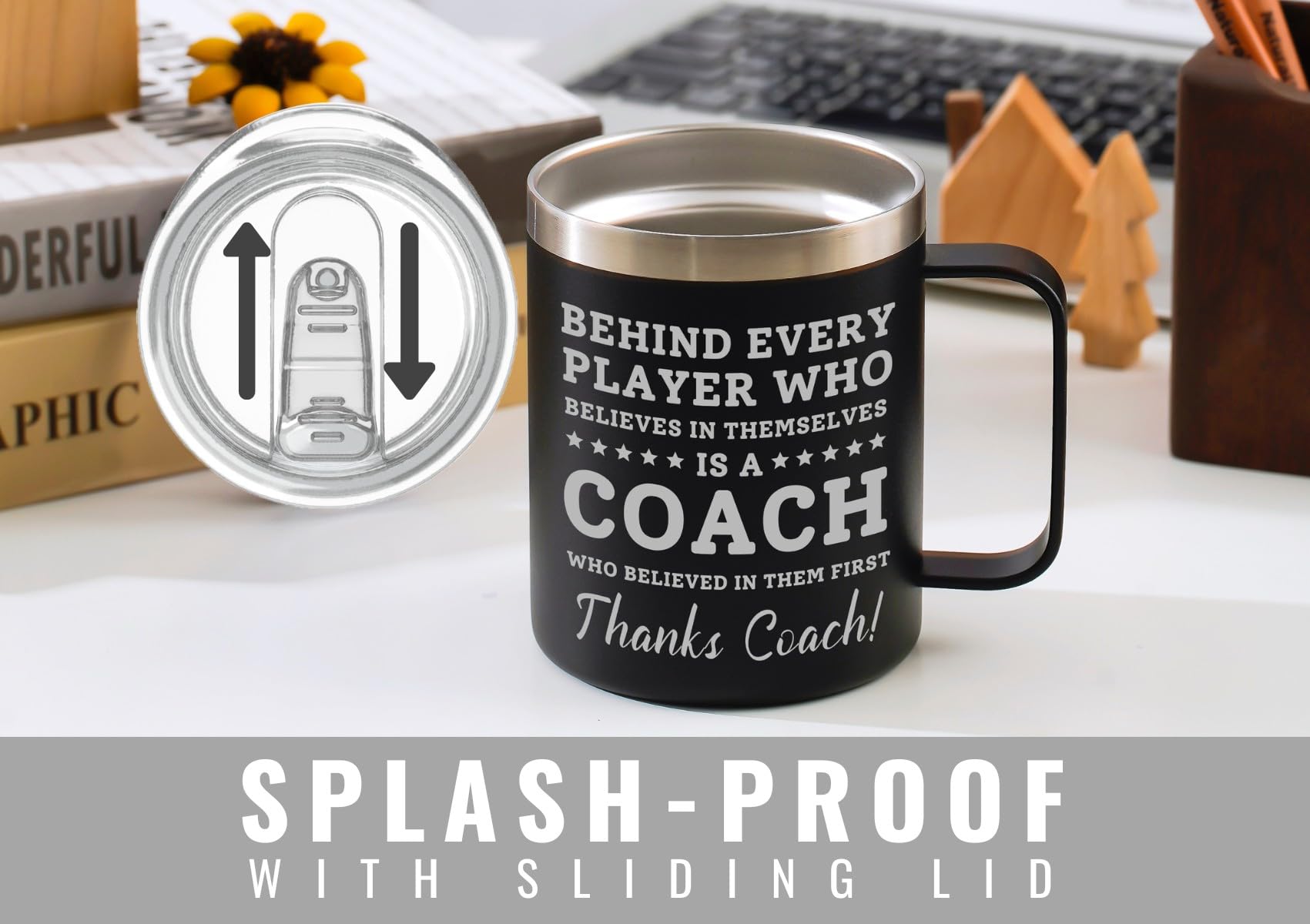 Onebttl Coach Mug negro de acero inoxidable, compatible con bebidas frías o calientes.