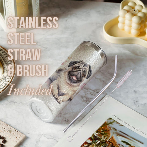 Onebttl Pug tumbler 20oz acabado glitter brillante para destacar el estilo.