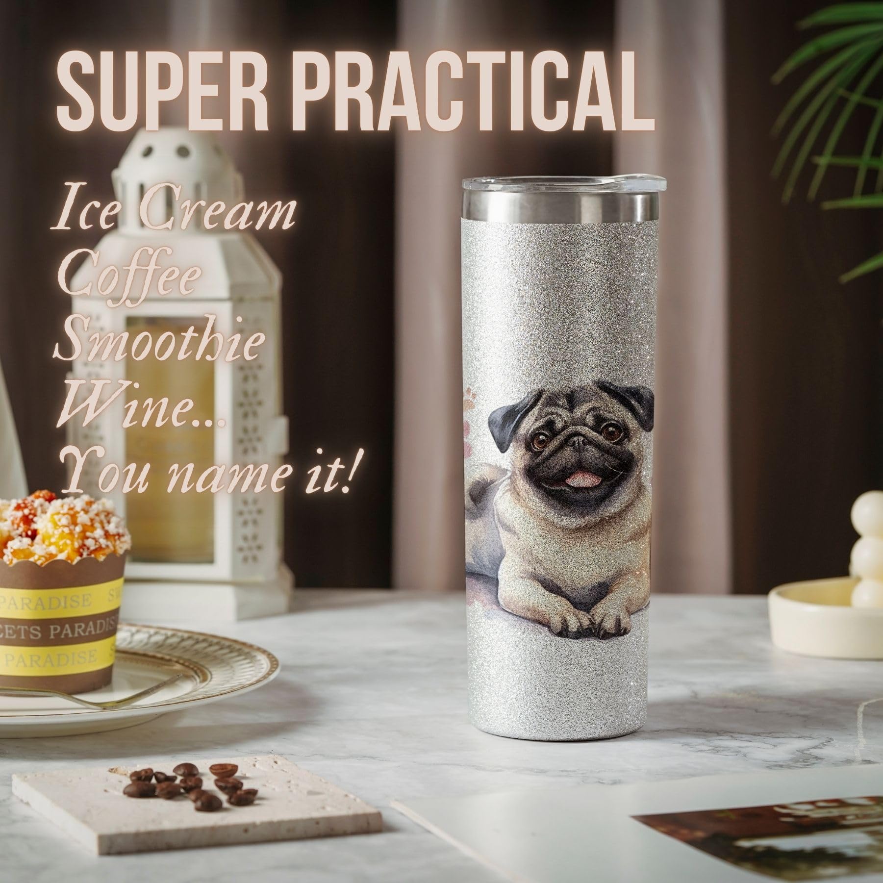 Onebttl Pug tumbler 20oz con doble pared para bebidas frías o calientes.