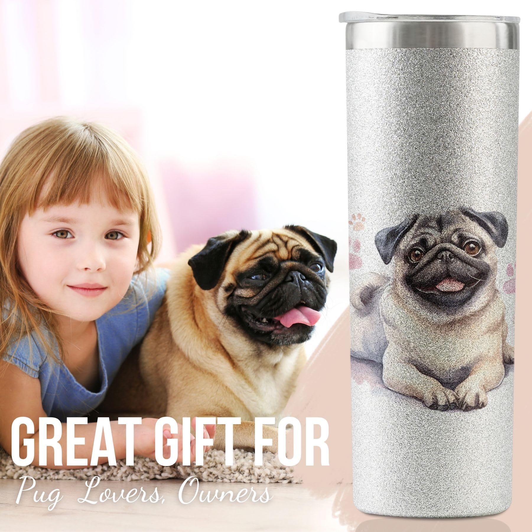 Onebttl Pug tumbler 20oz incluye pajilla de acero, limpieza fácil.