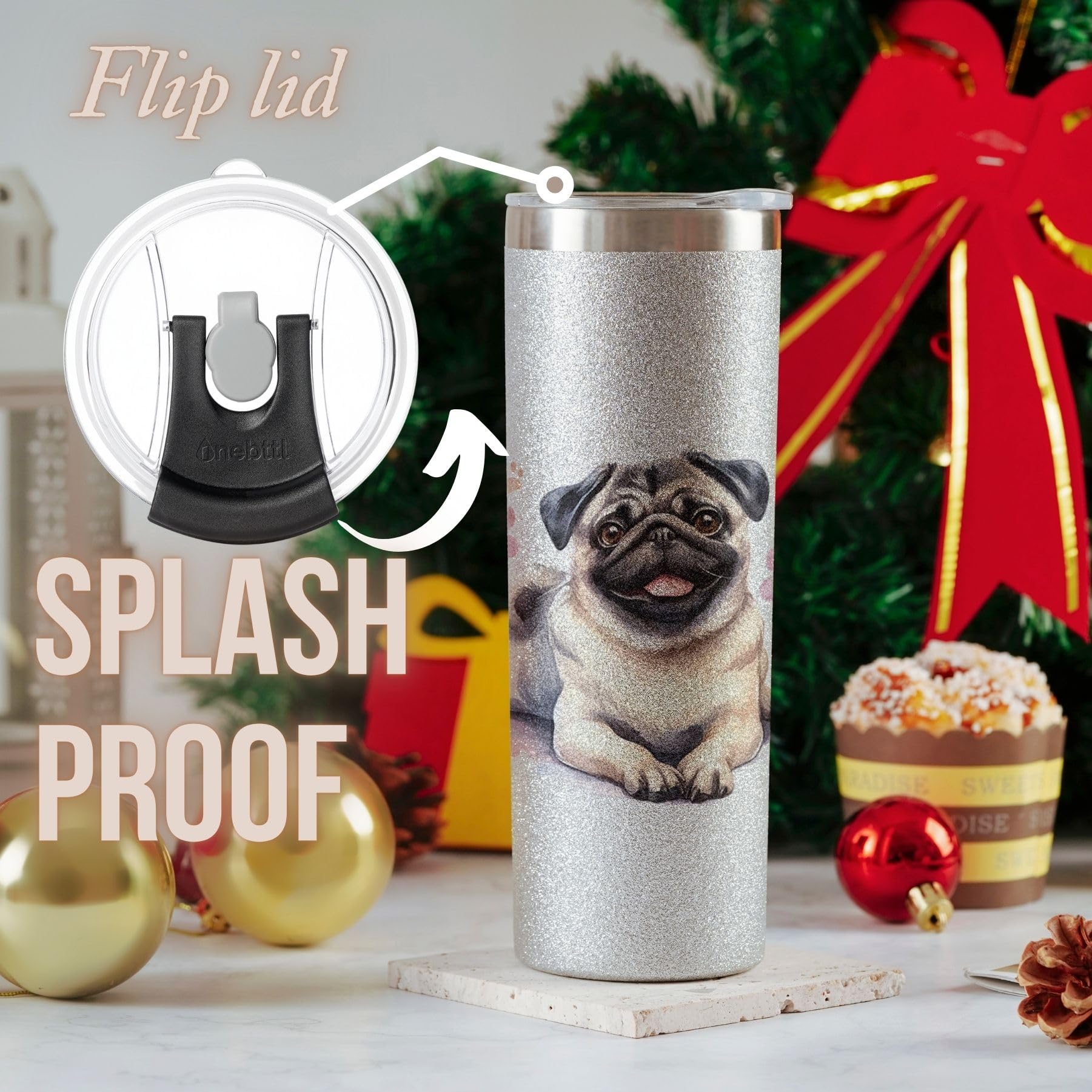 Onebttl Pug tumbler 20oz llega en caja regalo elegante, tarjeta incluida.