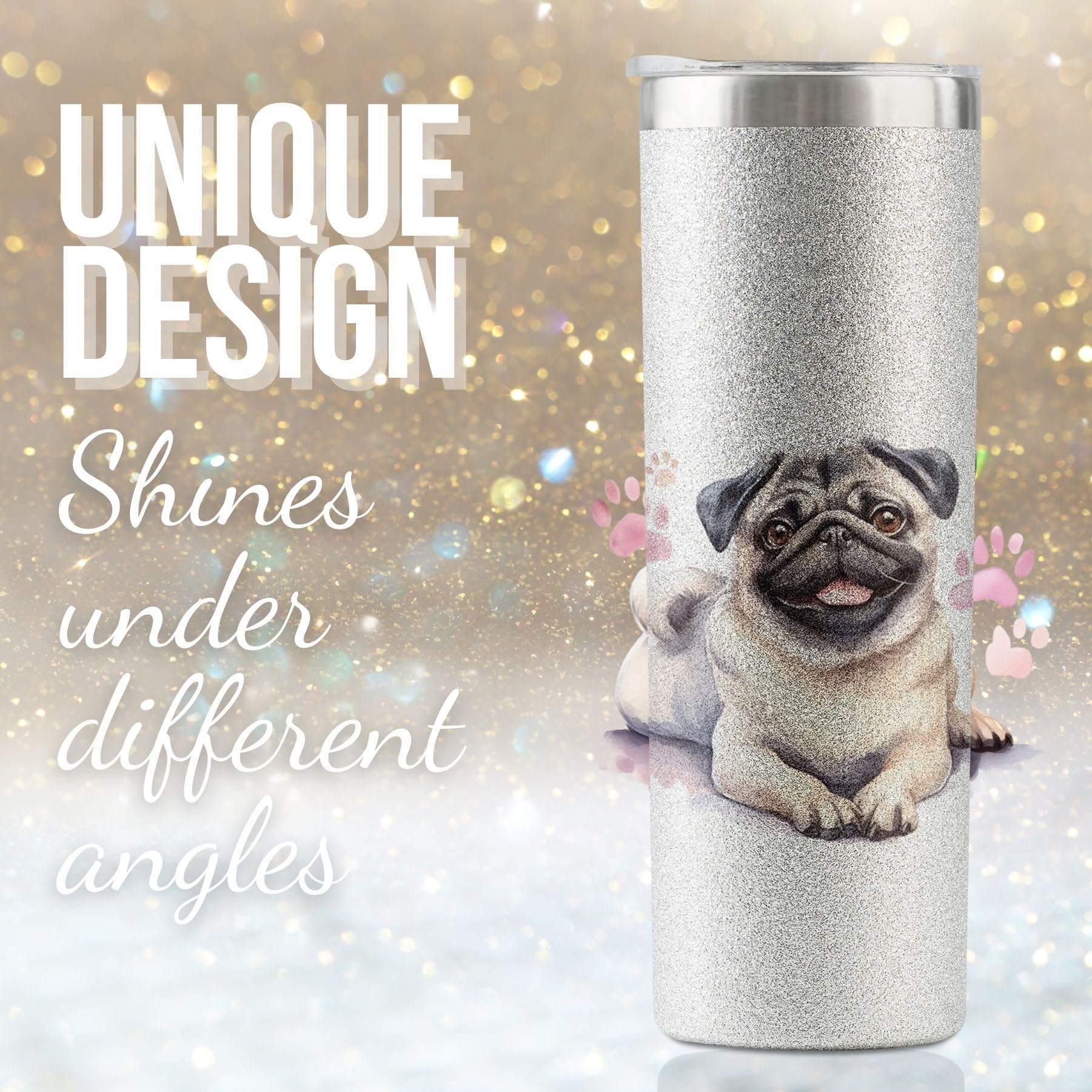 Onebttl Pug tumbler 20oz con tapa segura, evita derrames en casa o viaje.