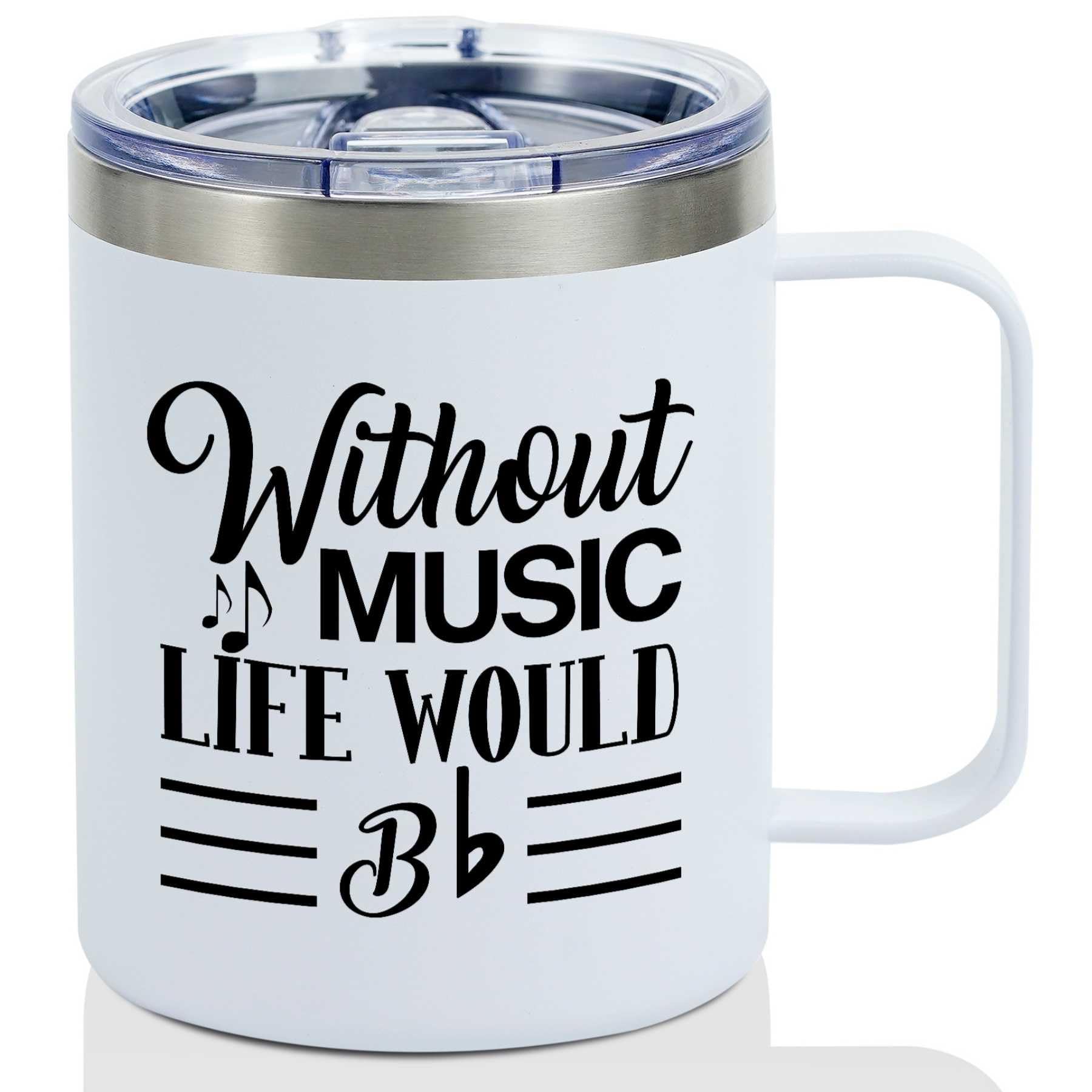 Onebttl taza aislada frontal blanca, ideal para regalo de amantes de la música.