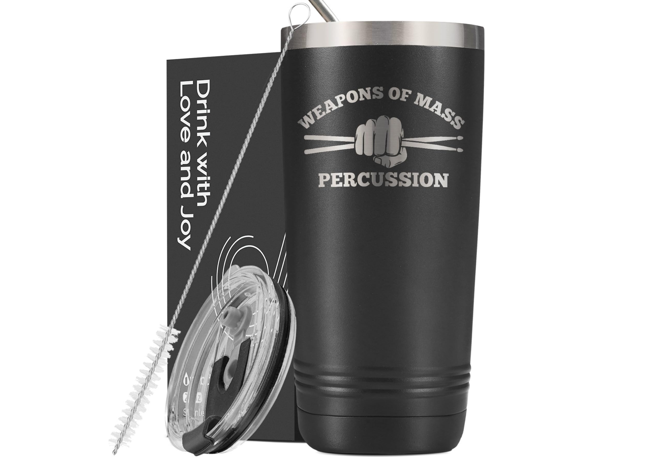 Onebttl tumbler divertido para baterista, vista frontal, ideal para conciertos y bebidas calientes.