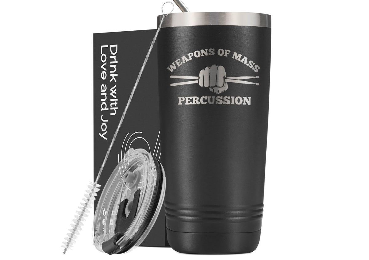 Onebttl tumbler divertido para baterista, vista frontal, ideal para conciertos y bebidas calientes.