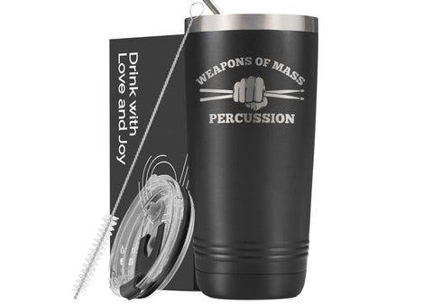 Onebttl tumbler divertido para baterista, vista frontal, ideal para conciertos y bebidas calientes.