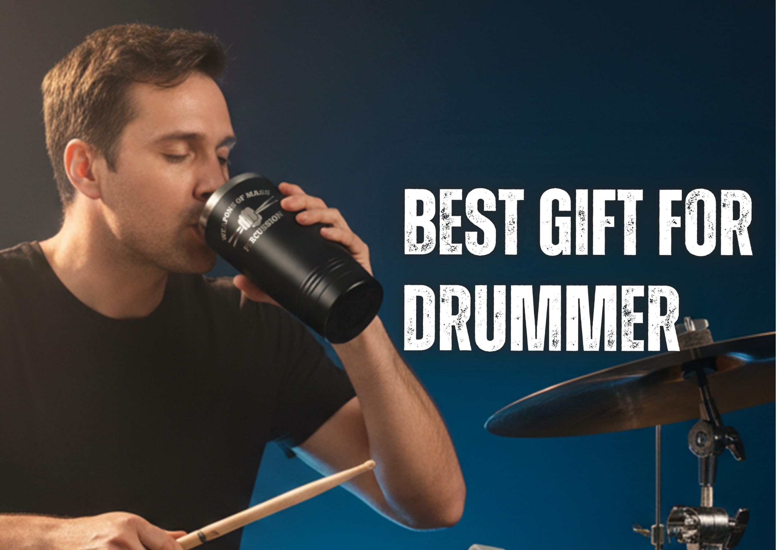 Onebttl tumbler divertido para baterista, vista lateral, mantiene bebidas frías durante ensayos.