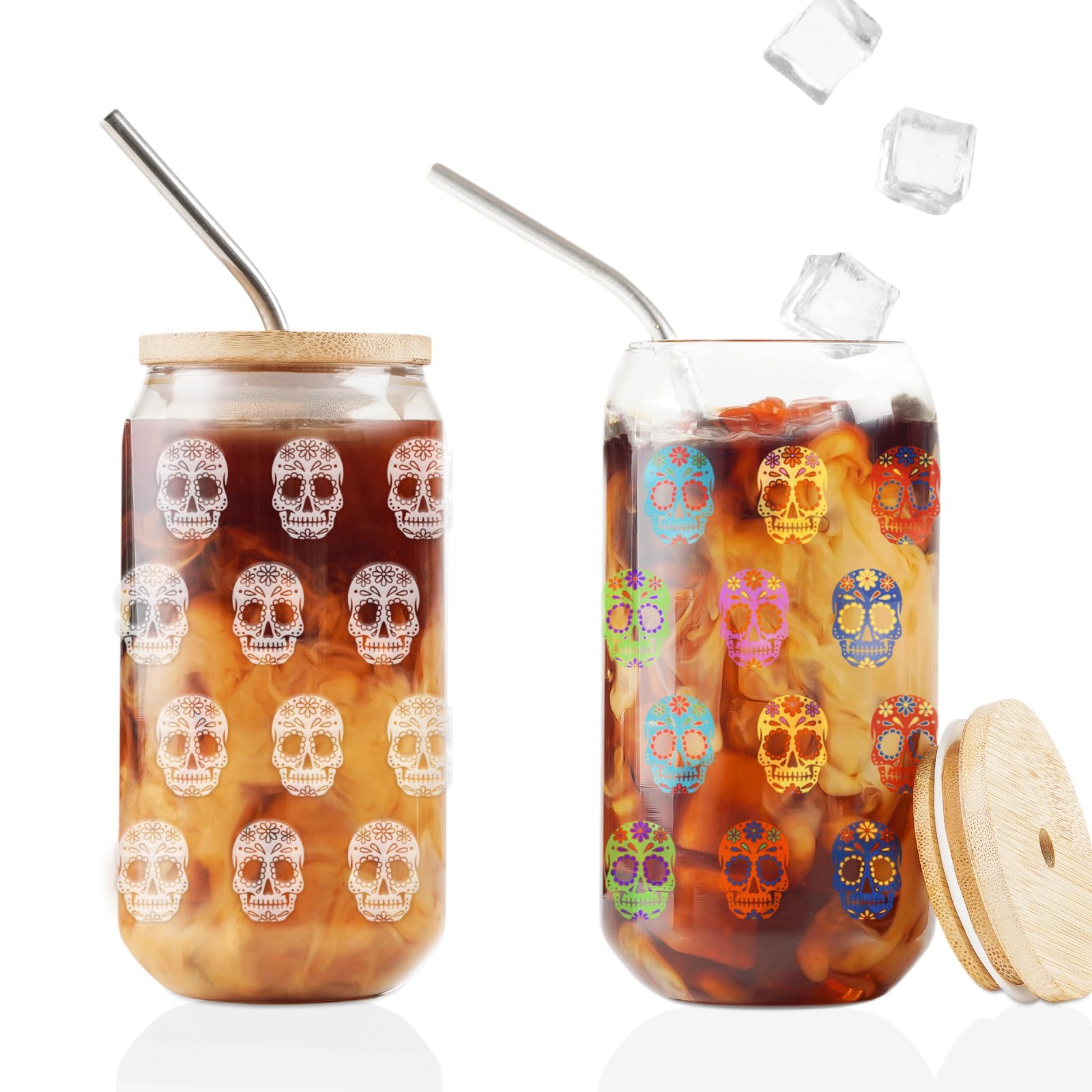 Vaso Onebttl calavera 16oz con cambio de color y tapa de bambú, ideal para bebidas frías.