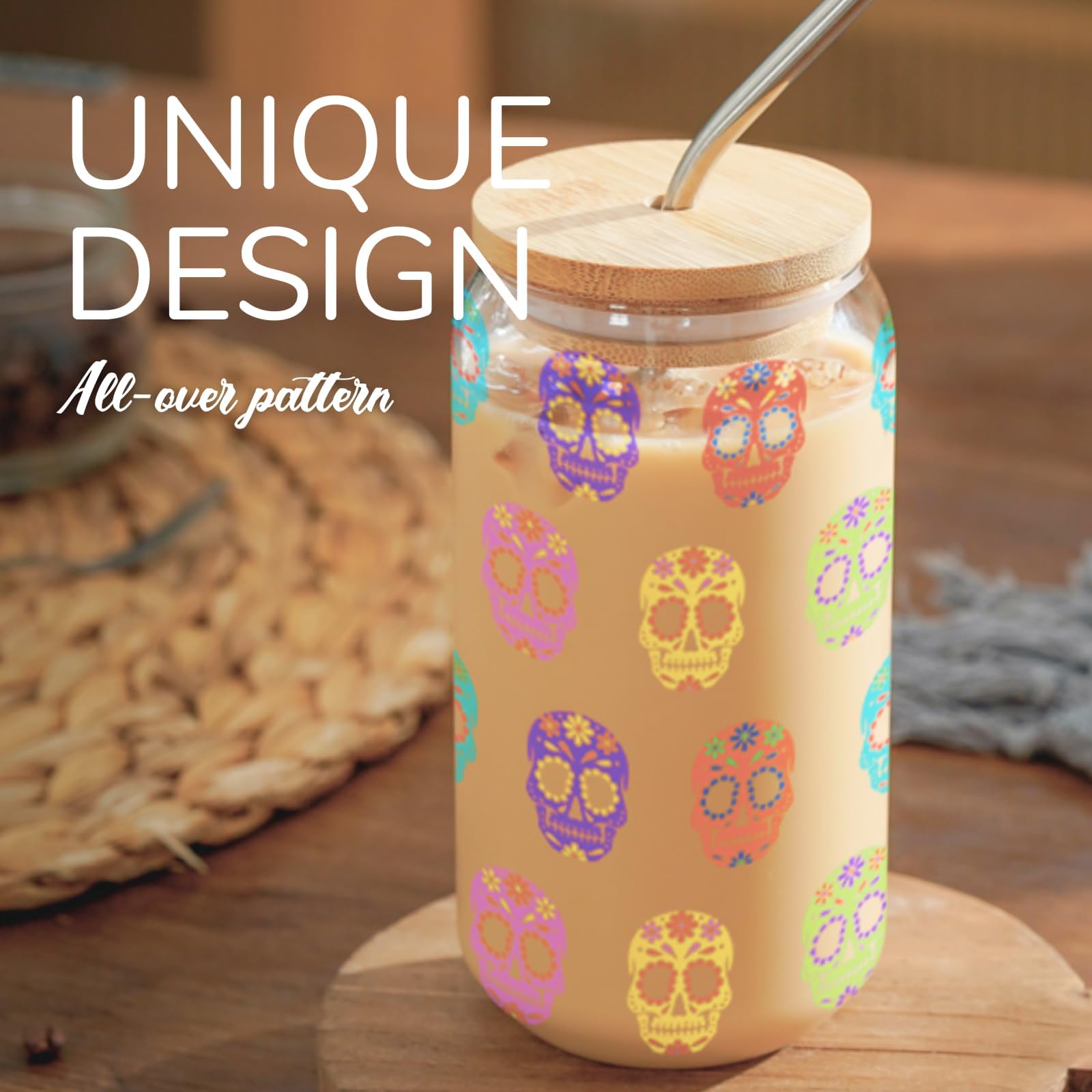 Onebttl calavera 16oz con impresión detallada, resistente para uso diario y fiestas.
