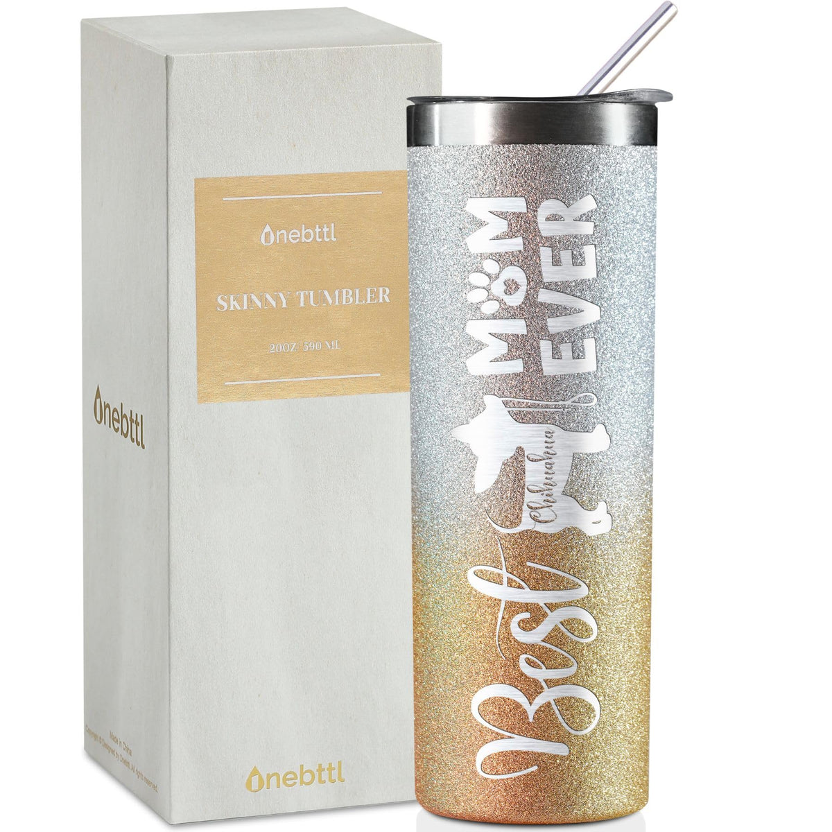 Onebttl vaso Chihuahua Mom 20oz, acabado dorado y plateado, ideal para regalo.