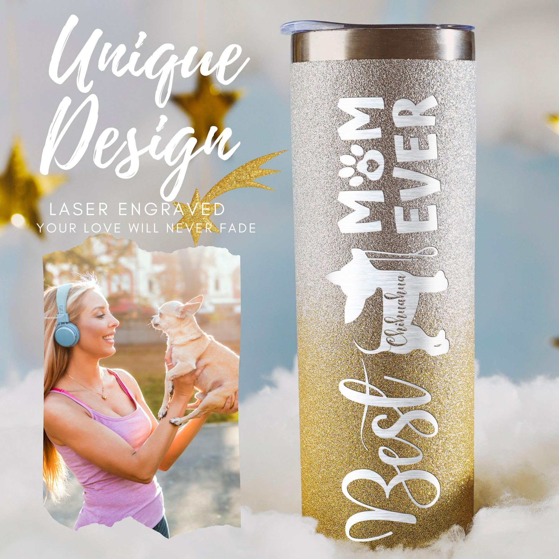 Onebttl vaso Chihuahua Mom, diseño glitter dorado para fiestas.
