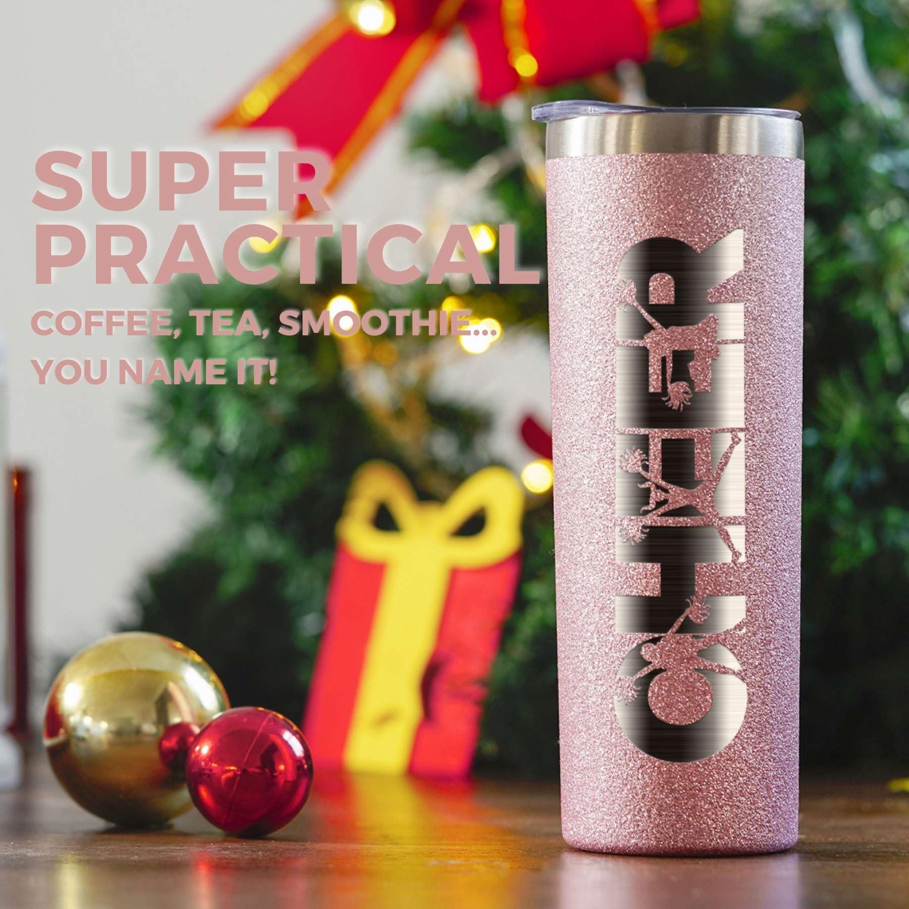 Onebttl vaso con diseño glitter rosa dorado, ideal para rutinas diarias.
