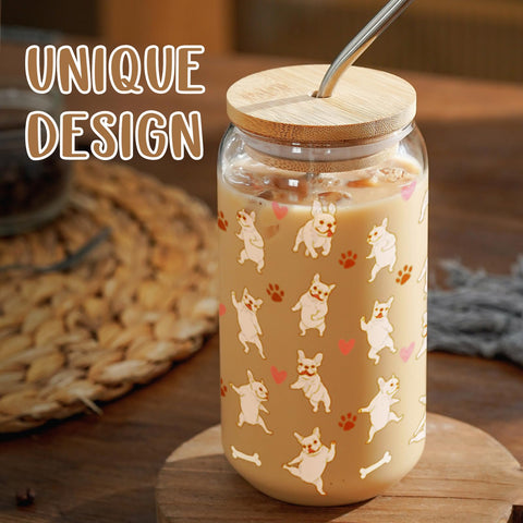 Onebttl vaso frances-bulldog con tapa de bambu y pajilla, diseño sostenible para tus bebidas.