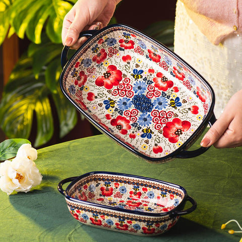 Bandeja cerámica apilable ONECCI azul con diseño floral para ahorrar espacio