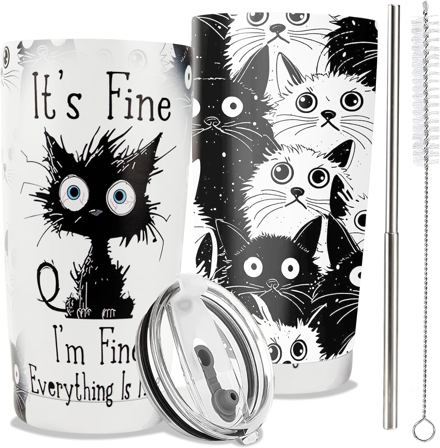 ONECES gato termo 20oz con tapa y pajita, ideal para llevar café caliente.