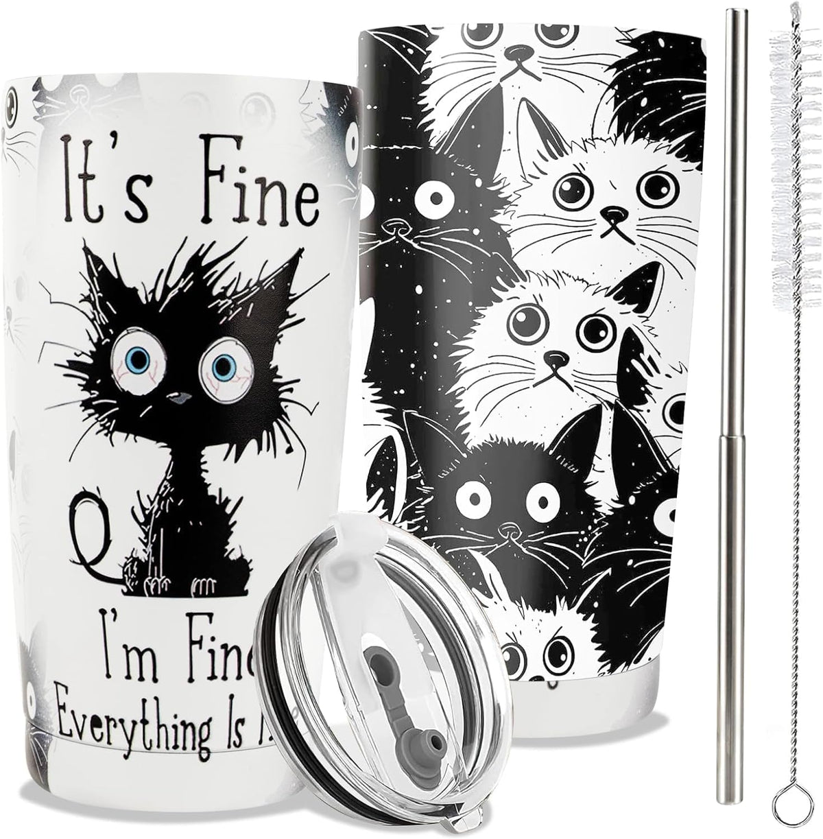 ONECES gato termo 20oz con tapa y pajita, ideal para llevar café caliente.