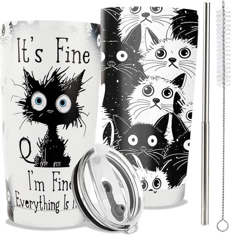 ONECES gato termo 20oz con tapa y pajita, ideal para llevar café caliente.