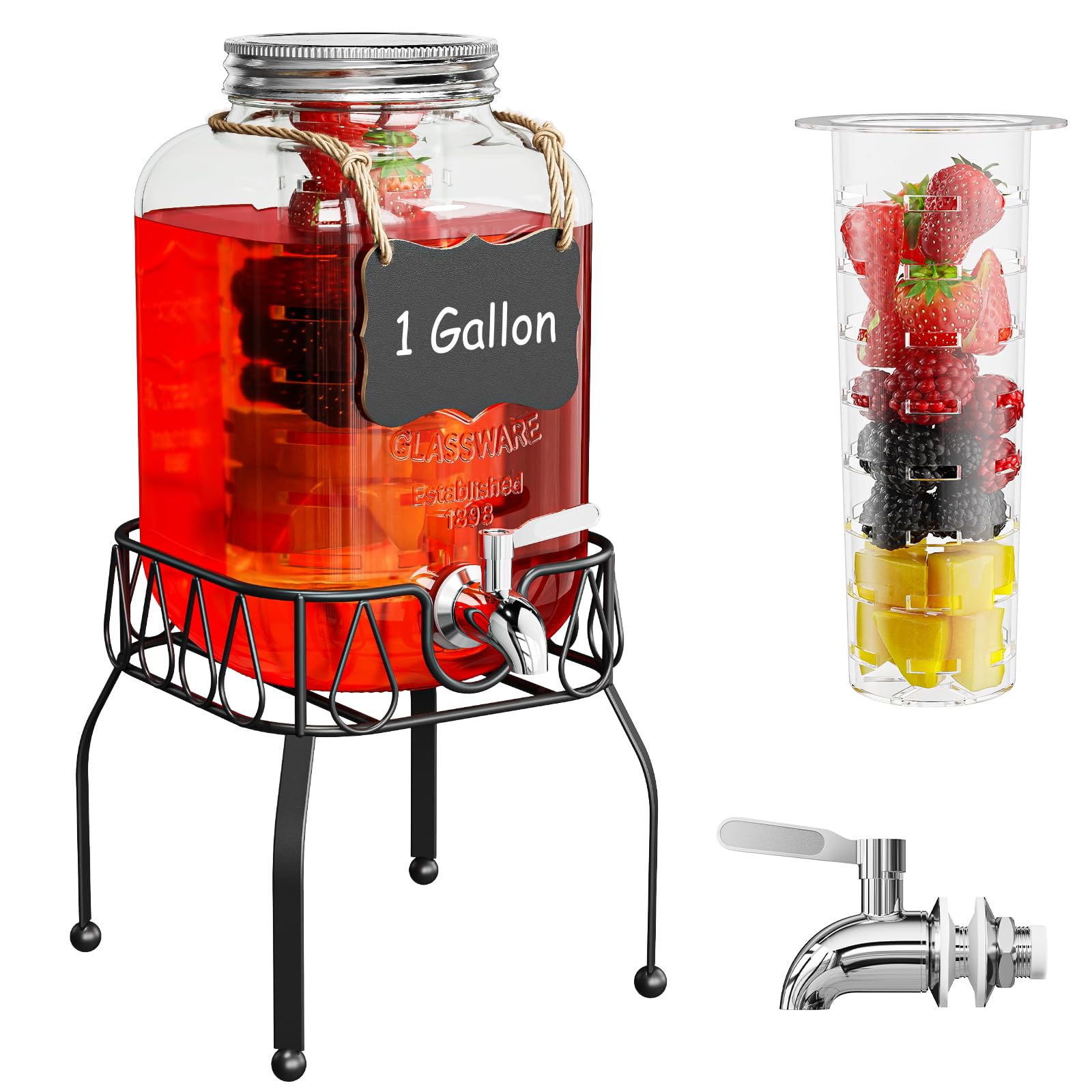 Dispensador de vidrio OneDream con galón para limonadas en fiestas.