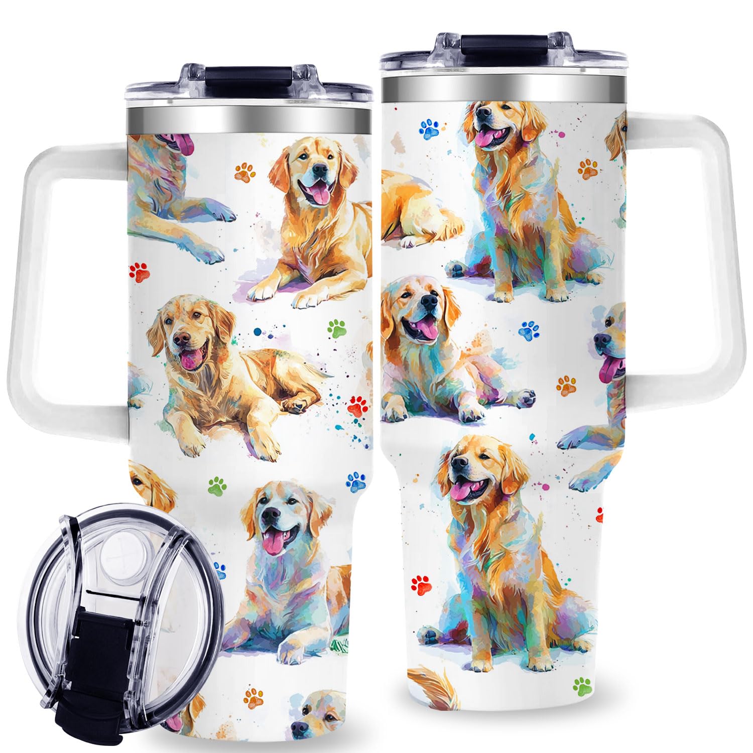 OneGemn vaso termo 40oz con patrón de perro dorado, ideal para conservar bebidas.