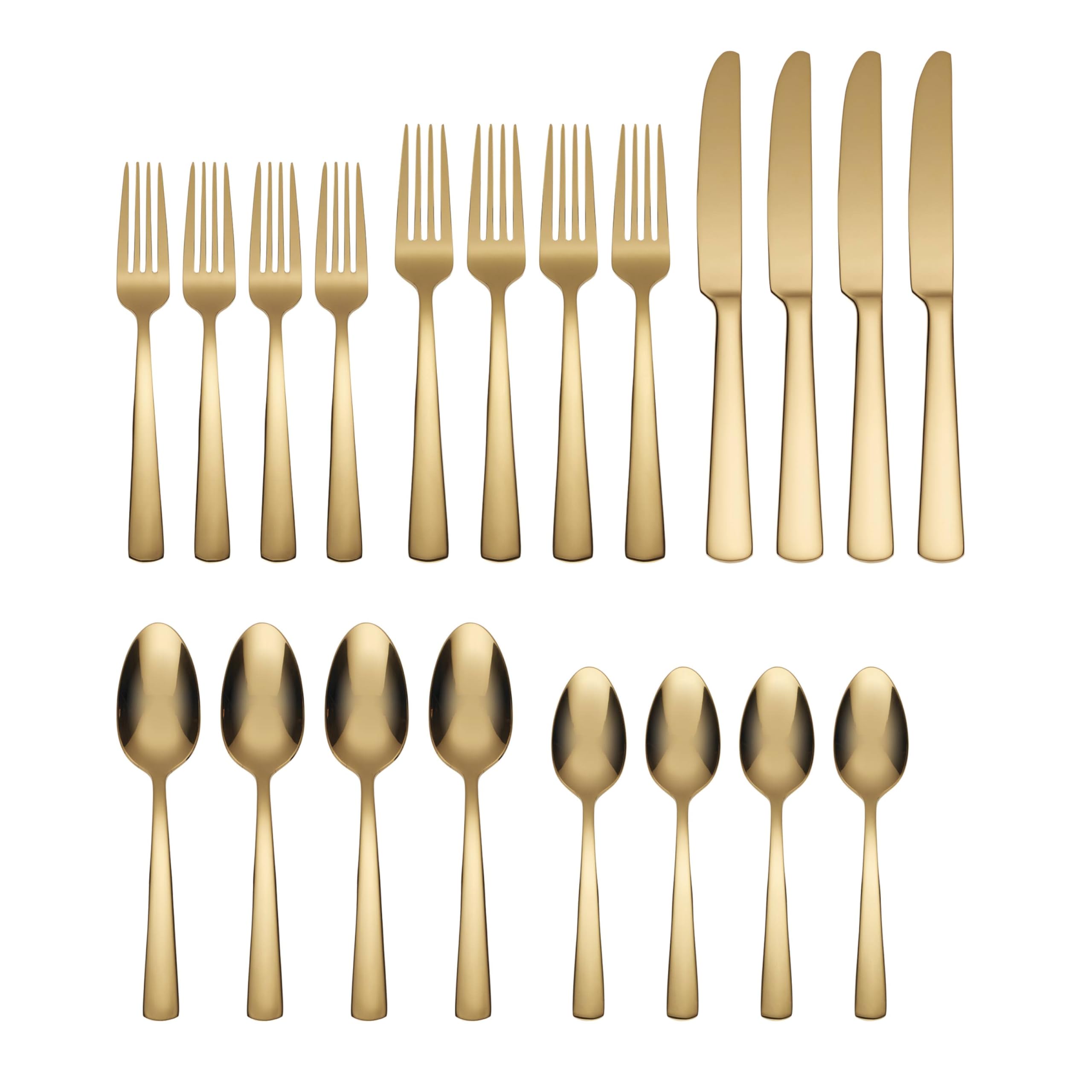 Oneida Aptitude Gold 20pc mango cilíndrico para un agarre cómodo.