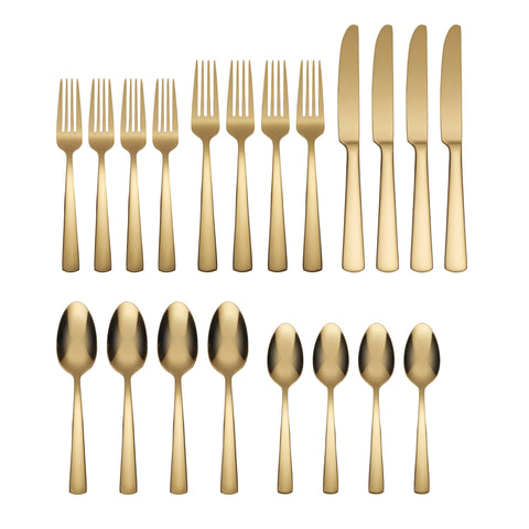 Oneida Aptitude Gold 20pc mango cilíndrico para un agarre cómodo.