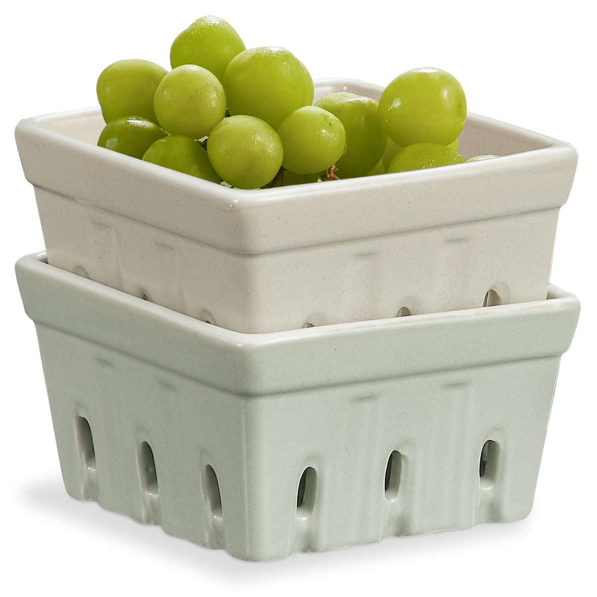 ONEMORE cesta cerámica para bayas, cuadrada y gris-verde, ideal para servir.