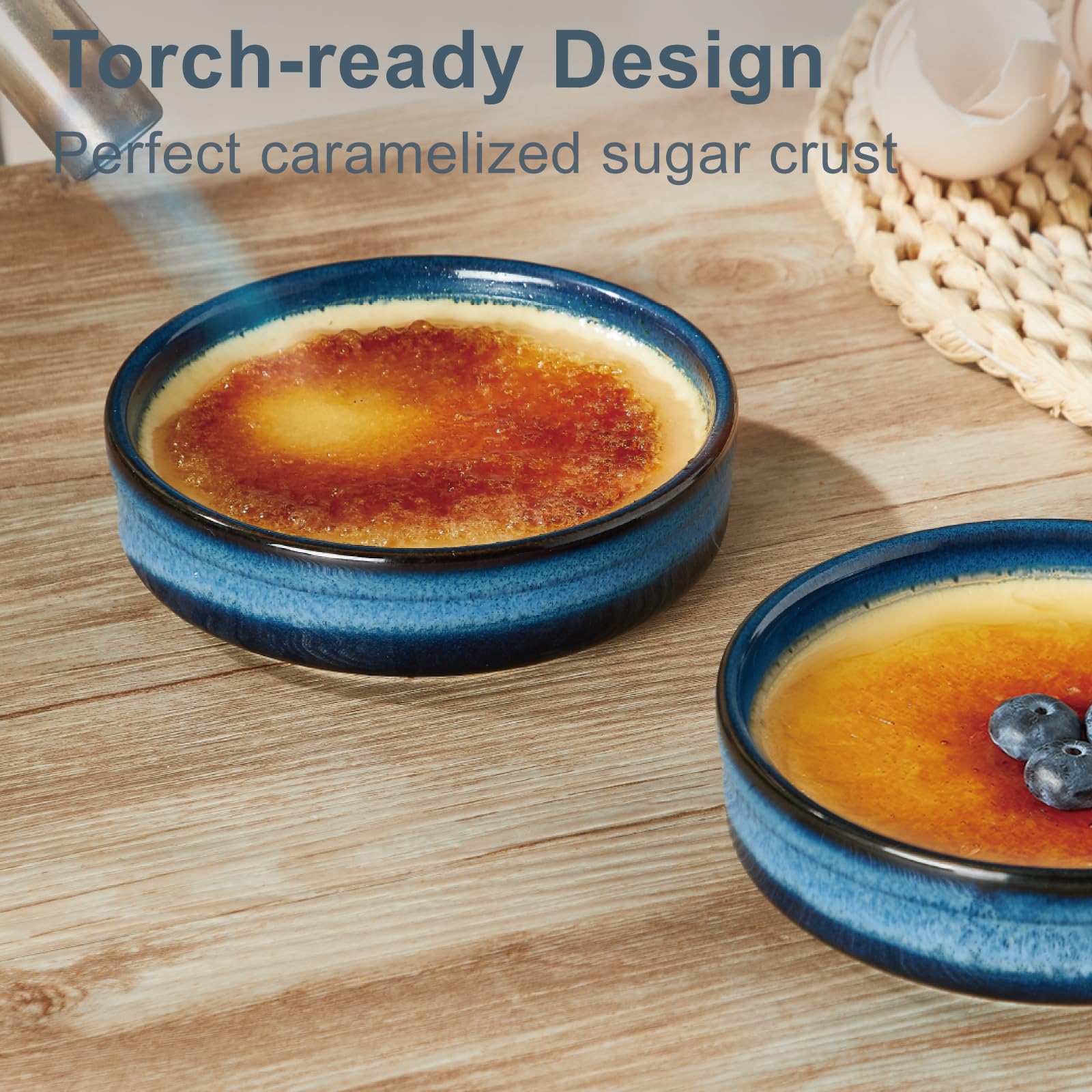 Ramequines ONEMORE crema brulee azules, ideal para crema caramelizada y porciones elegantes.