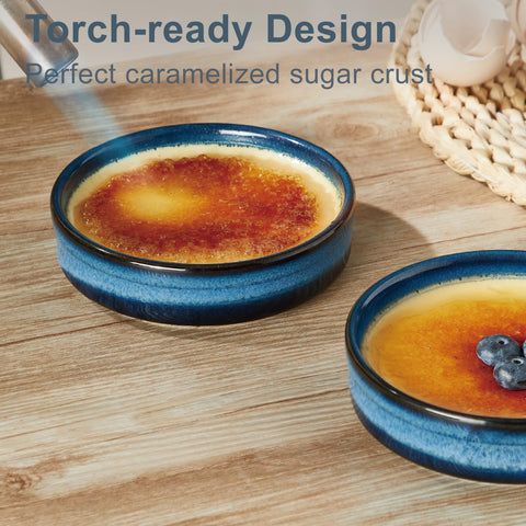Ramequines ONEMORE crema brulee azules, ideal para crema caramelizada y porciones elegantes.