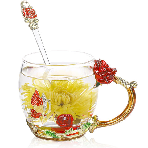 onepeng taza esmaltada con mariposa y rosa 3D, ideal para ritual de té diario.