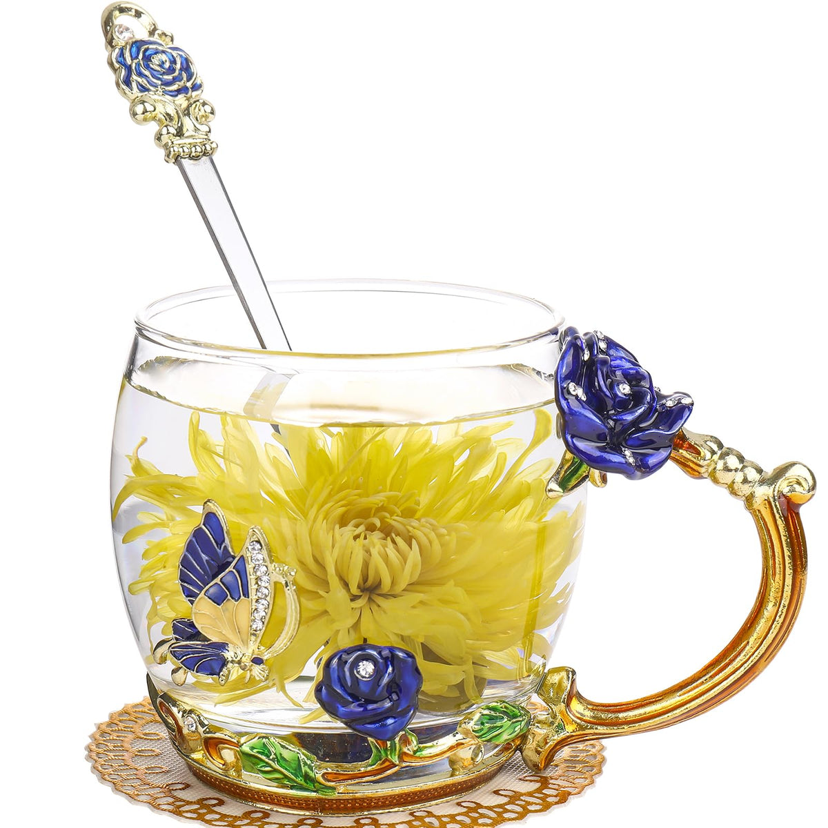 OnePeng-taza esmaltada mariposa rosas, diseño tridimensional para regalo elegante.