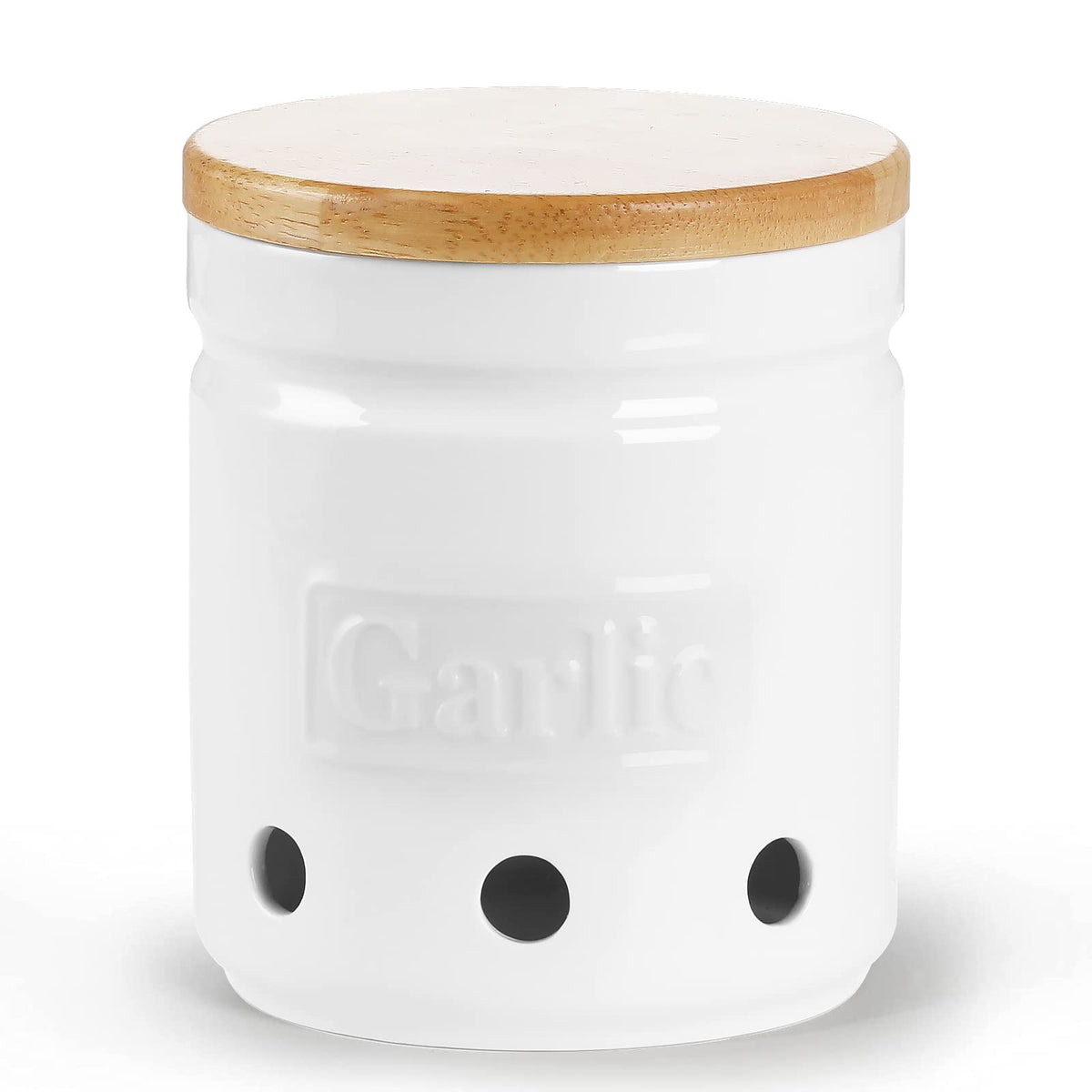 ONTUBE ajo cerámico con tapa de madera, conserva el ajo fresco en la cocina.