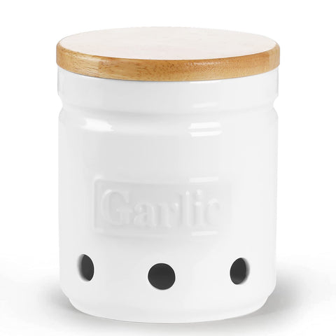 ONTUBE ajo cerámico con tapa de madera, conserva el ajo fresco en la cocina.