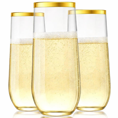 Vaso champán plástico de Oojami 9oz con borde dorado, ideal para brindis elegantes.