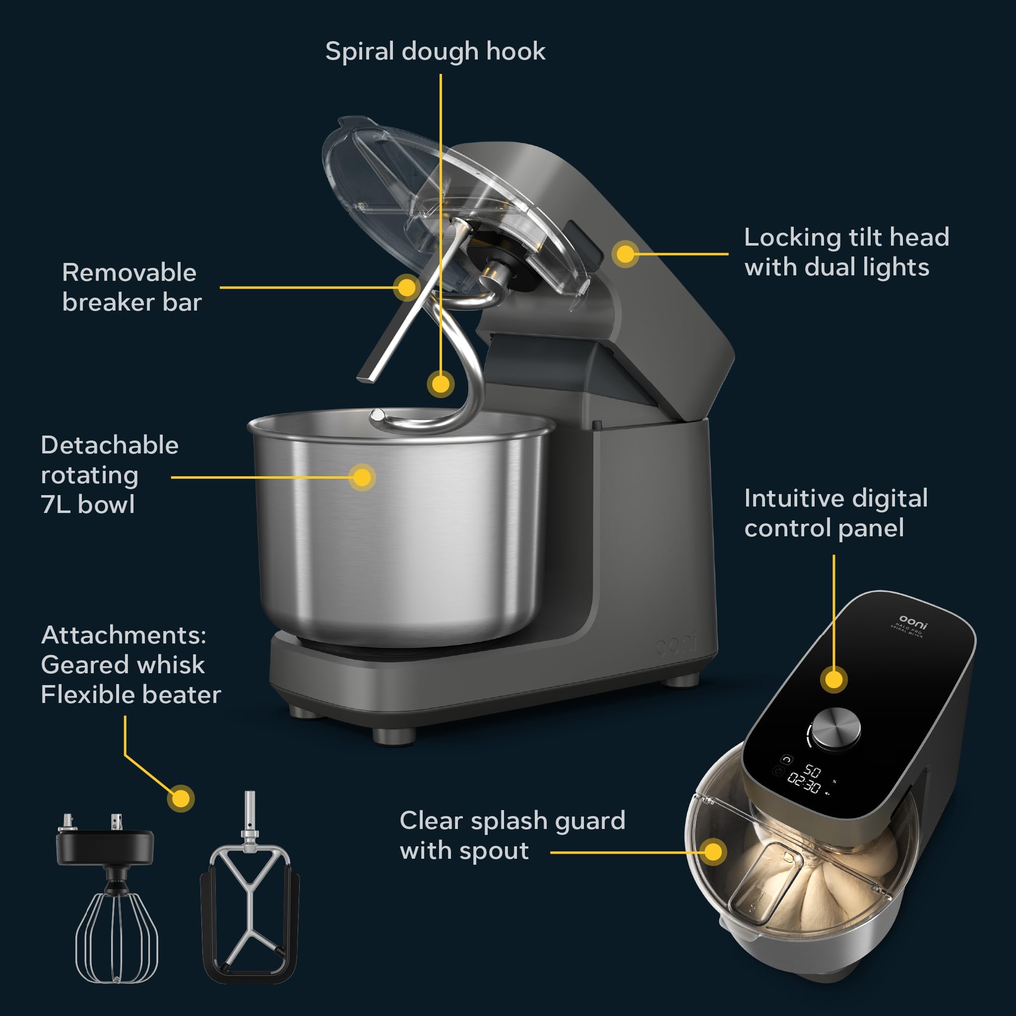 Ooni Halo Pro, cuenco espiral rotativo para batir masas con consistencia.